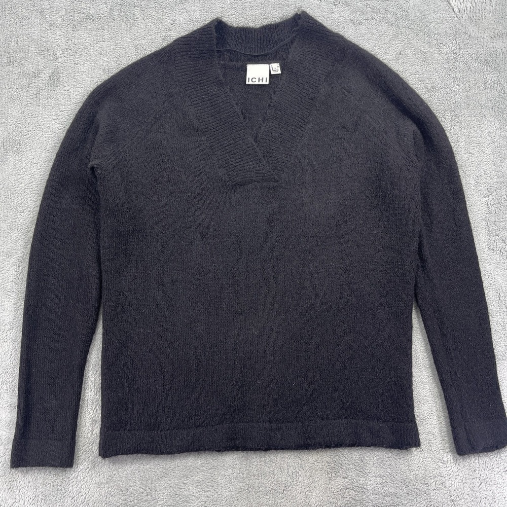 ICHI Sweater Womens Small Black Stretch Lightweight Alpaca Blend V Neck Pullover